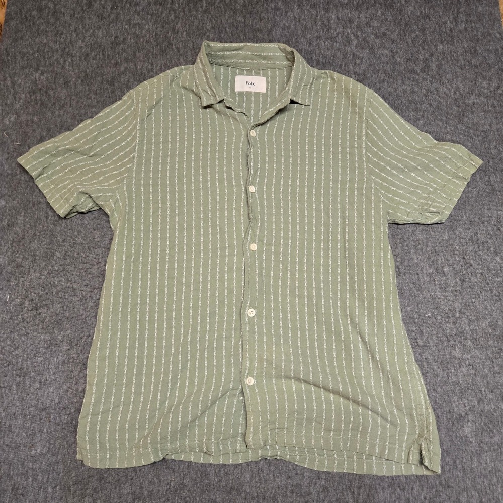Folk Linen Blend Shirt Mens Medium Green White Vertical Stripe Short Sleeve